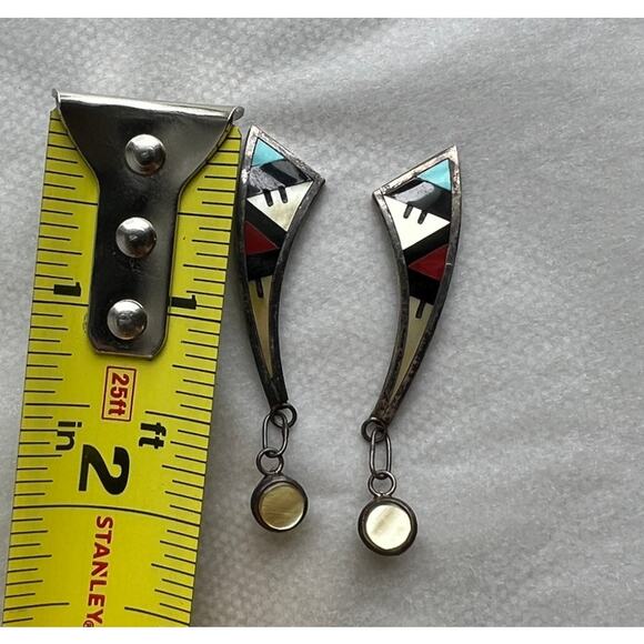 Turquoise Sterling Silver Native Zuni Emery Ohmsatte Inlay Dangle Earrings - Picture 8 of 9